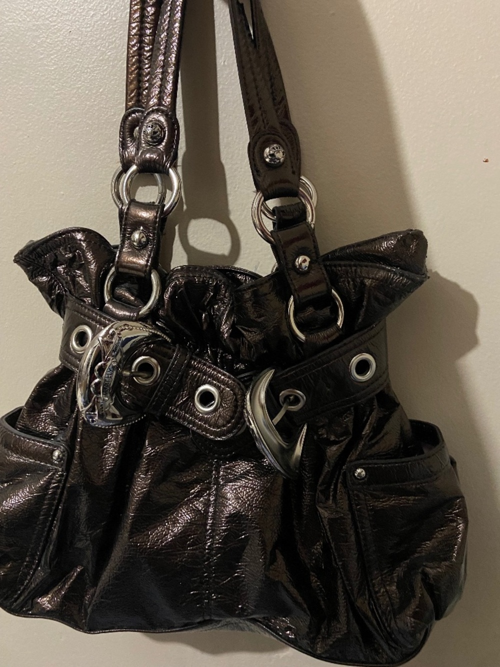 Y2K brown patent shoulder bag